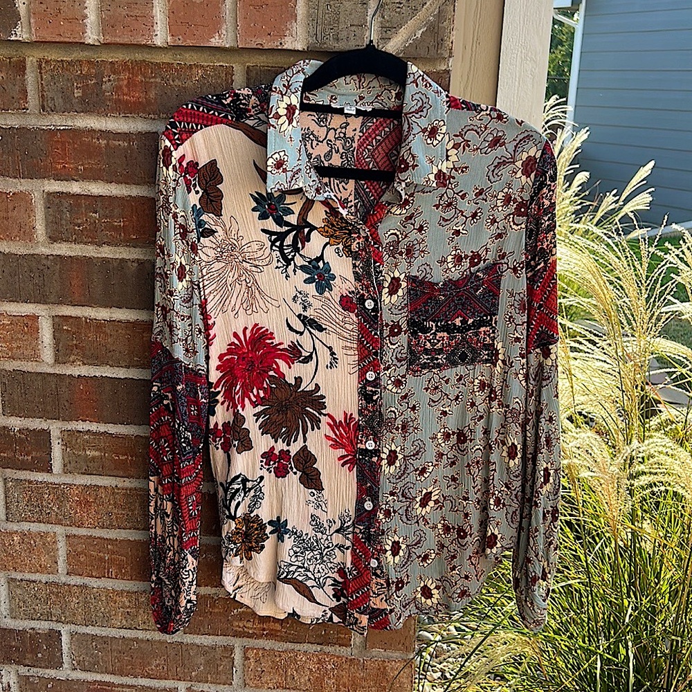 UMGEE Ladies S Mixed Floral Rayon Oversized Boho Button down top